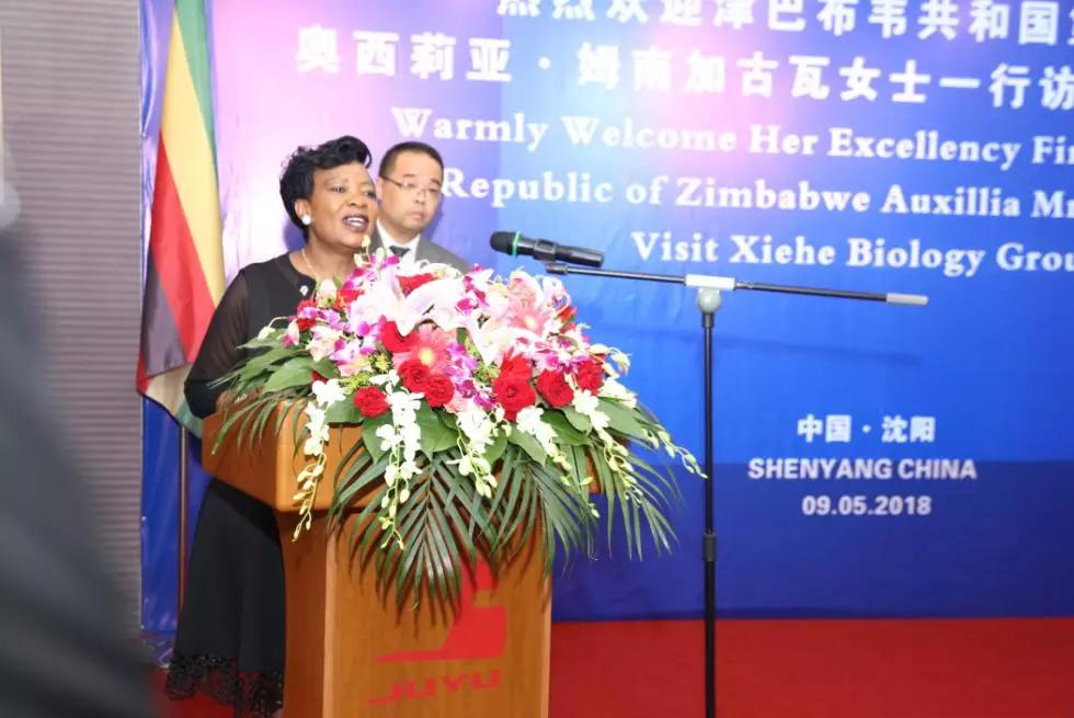 奥西莉亚·姆南加古瓦女士在hjc黄金城生物举行的欢迎座谈会上致辞